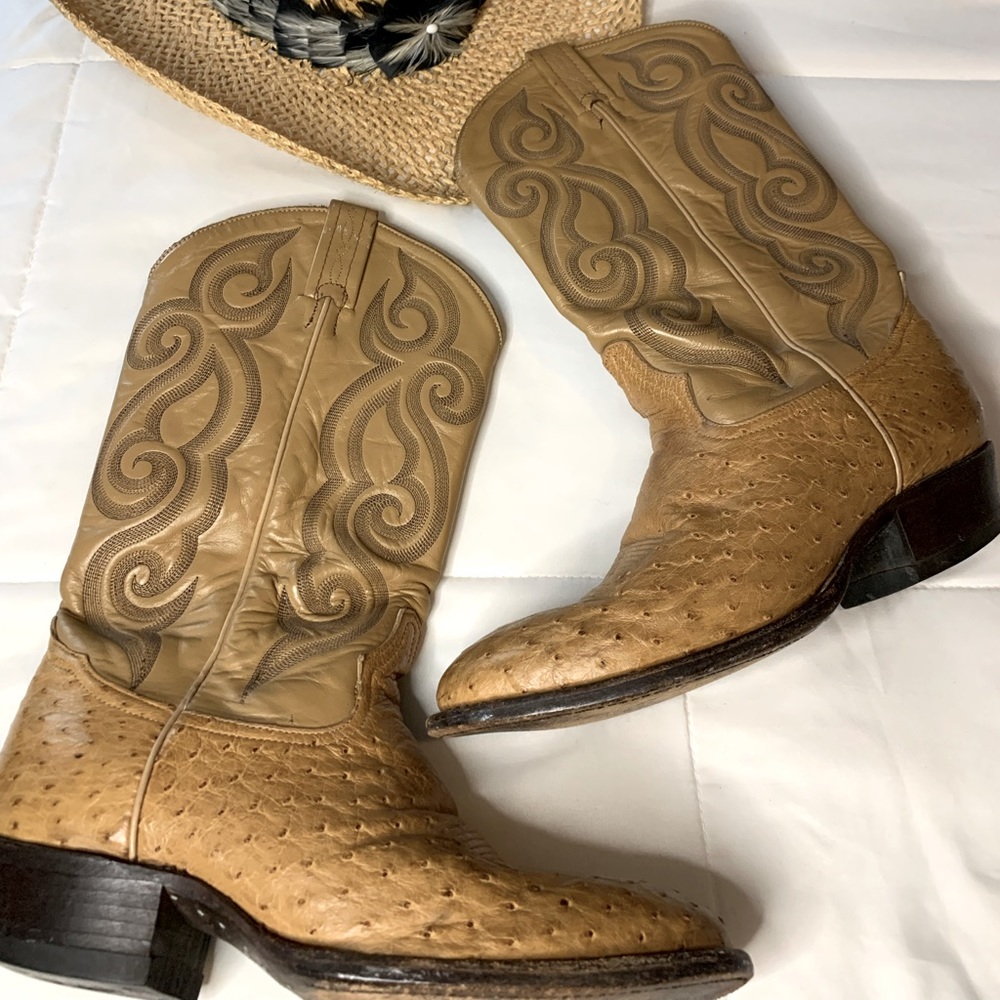Tony Lama Men's Tan Smooth Ostrich Round Toe Exotic Western Boots in GUC